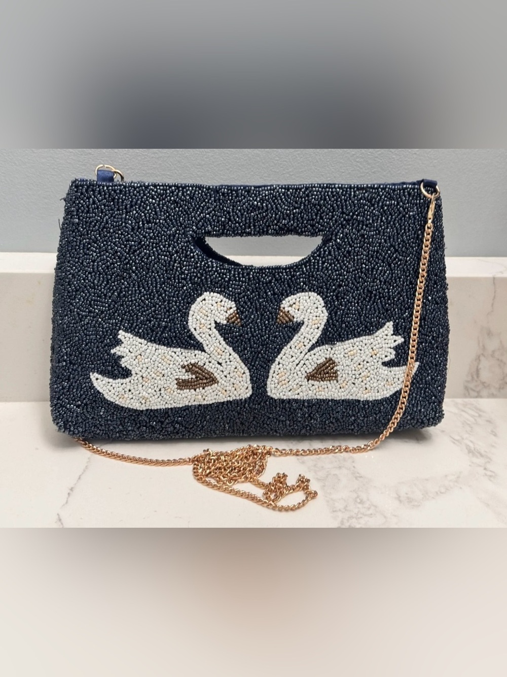 Nwt Rachel Zoe Beaded Swan Clutch Bag in Navy Blue and White Gold - Picture 2 of 3